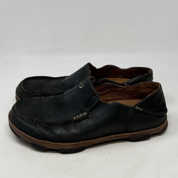 OluKai Moloa Shoes Mens 8 Black Leather Slip On Moc Toe Casual Loafers - Picture 2 of 16